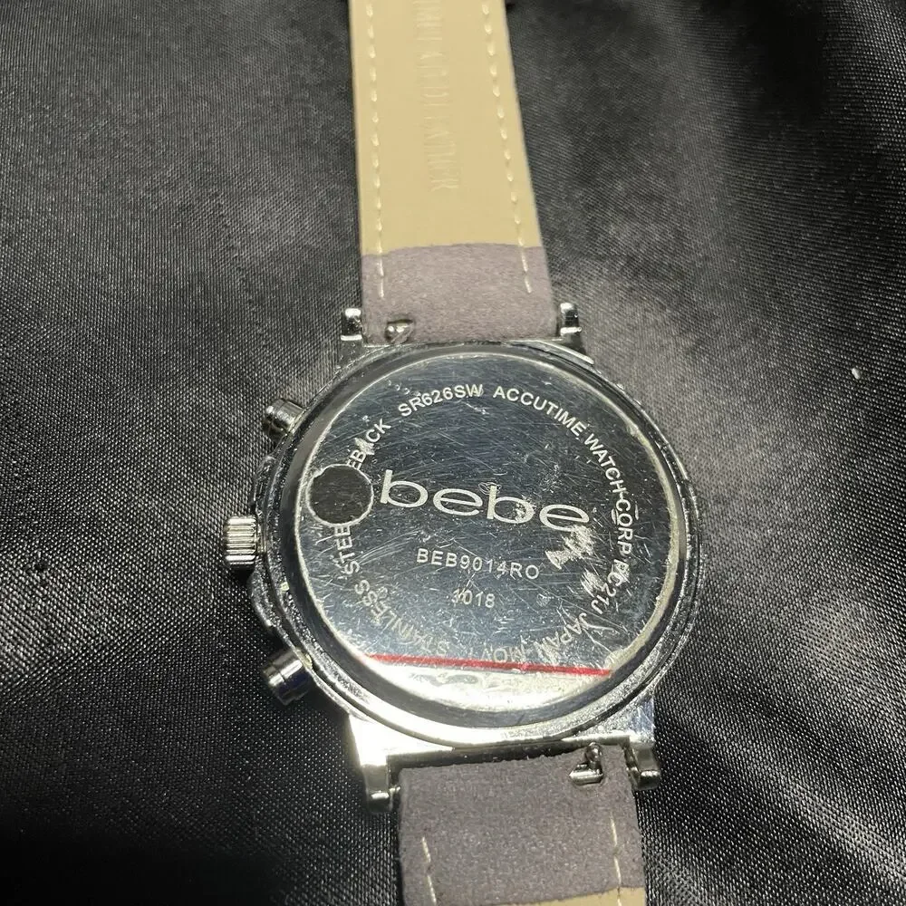 Women’s bebe Quartz Dress Watch Silver Dial Crystal Bezel Gray Leather 45mm